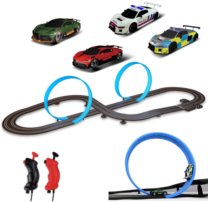 Slot Car Race Track Set, High Speed Series Tram Dual Track Set with 4 Licensed Racing Slot Cars, 2 Hand Controls, Track Parts and Lap Counter, 5.7M Long Track, Black
