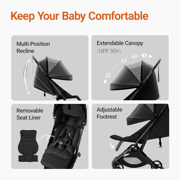 Lightweight Baby Travel Stroller with Carbon Fiber Frame, Compact & Airplane-Friendly, One-Handed Folding Design, 11.6 Lbs, Perfect for Toddlers, Jet