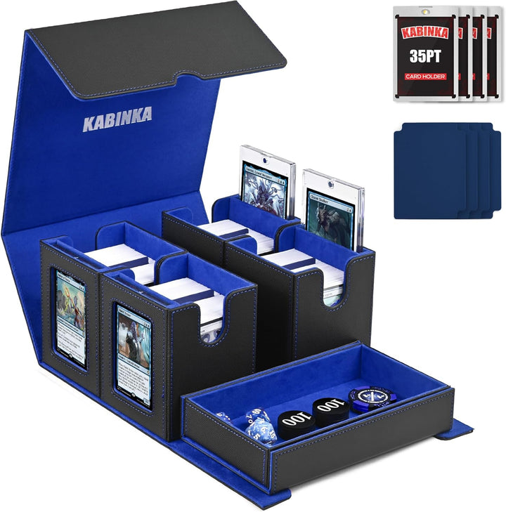 Card Deck Box for MTG with Commander Display, 5 in 1 Card Storage Box Fits 400+ Double-Sleeved Cards, Removable Deck Case for Tcg/Sports Cards with Dice Tray, 4 Magnetic Card Holders (Black Purple)