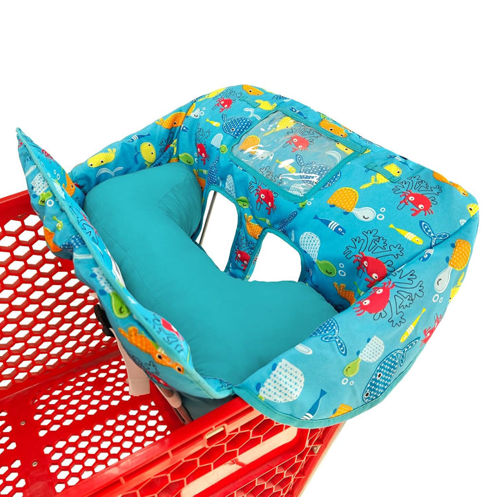 Soft Pillow Attached 2-In-1 Shopping Cart and High Chair Cover for Baby, Cotton Padded Cart Cover, Fold'N Roll Style, Portable with Carry Bag (Gray Elephant)