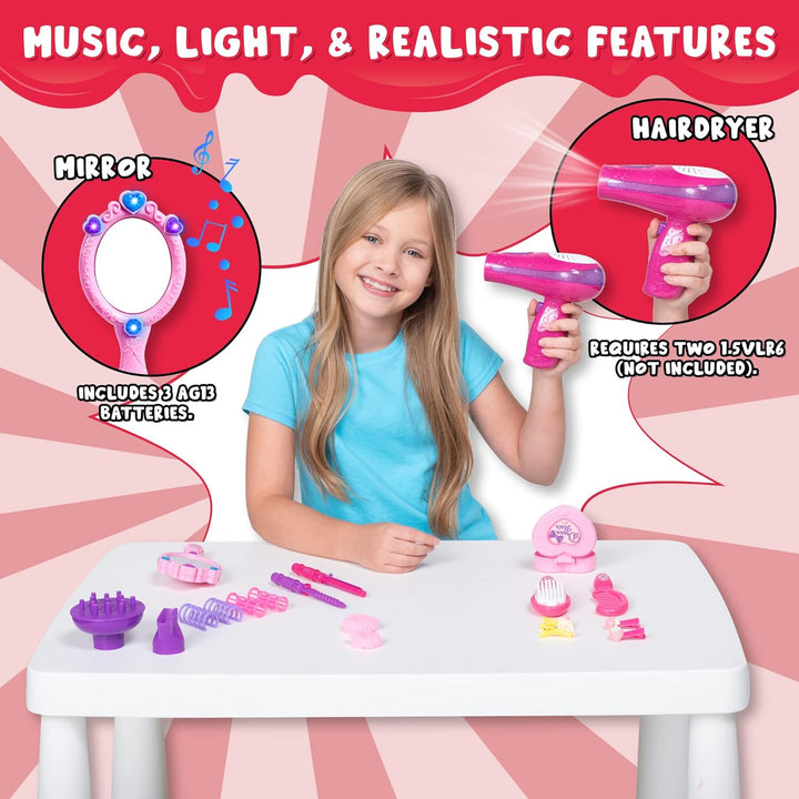17Pcs Girls Beauty Salon Set, Pretend Play Doll Hair Stylist Toy Kit with Hairdryer, Mirror, Curling Iron and Other Accessories for Kids Toddler Fashion Cutting Makeup Party Favor, Birthday Gift