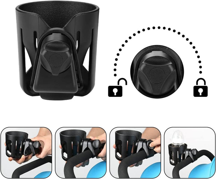 Universal Cup Holder, Stroller Cup Holder, 360° Rotatable Large Caliber Designed Bottle Holder for Stroller, Bike, Wheelchair, Walker, Scooter, Black