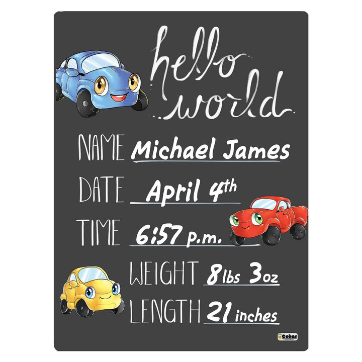 Hello World Newborn Baby Announcement Chalkboard Sign with Automobile Theme, 12 by 16 Inches, No Marker