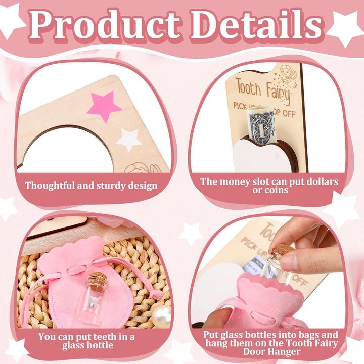 Tooth Fairy Holder Bag Hanger with Money Slot Keepsake Bottle Velvet Pouch Tooth Fairy Box Encourage Gift for Lost Teeth Boy Girl Milk(Classic,Pink)