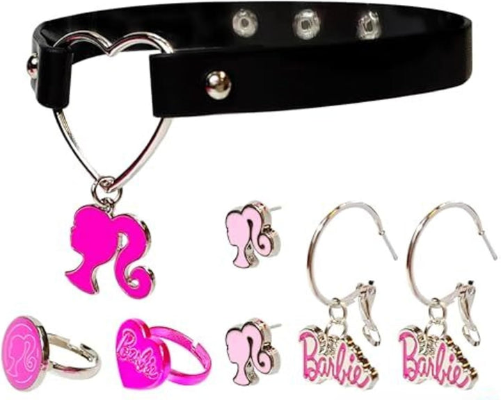 Barbie Themed 2-Piece Adjustable Ring Set, a Pair of Stud and Hoop Earrings, and a Choker for Girls - Barbie Themed Charms, Universally Fitting & Stylish Gifts - Ages 4+