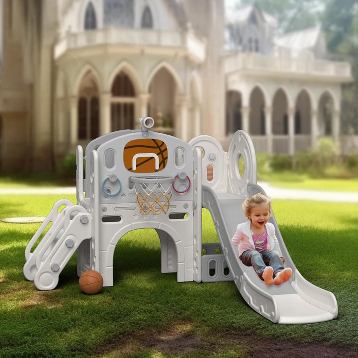 8 in 1 Toddler Slide Set, Kids Slide for Toddlers Age 1+, Toddler Climber Slide Playset with Basketball Hoop and Ball,Outdoor Indoor Playground for Toddlers 1-3 (Beige Grey, 8 in 1)