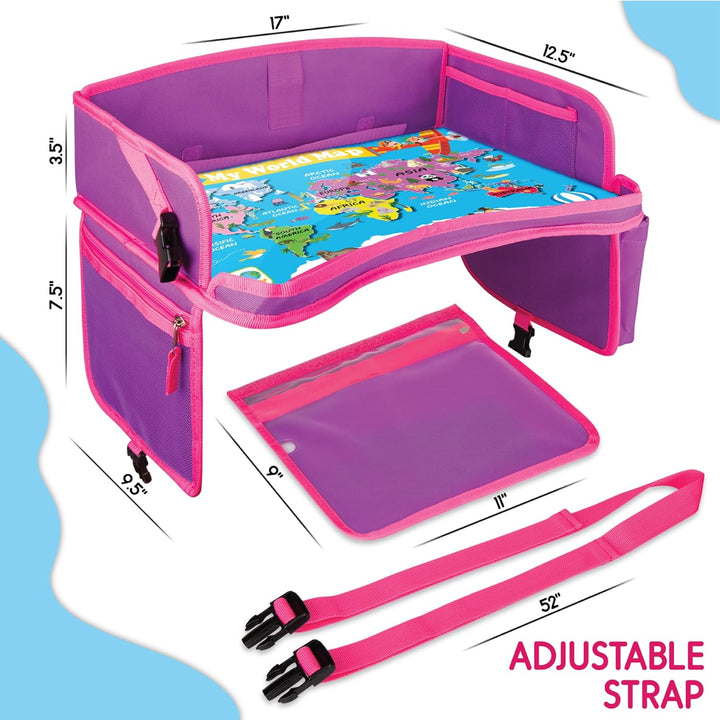 Kids Travel Tray - Waterproof Lap Table with No-Drop Large Tablet Holder - Car Seat Tray - Road Trip Essentials Kids - Car Desk Organizer for Airplane - Toddler Travel Essentials (Pink)