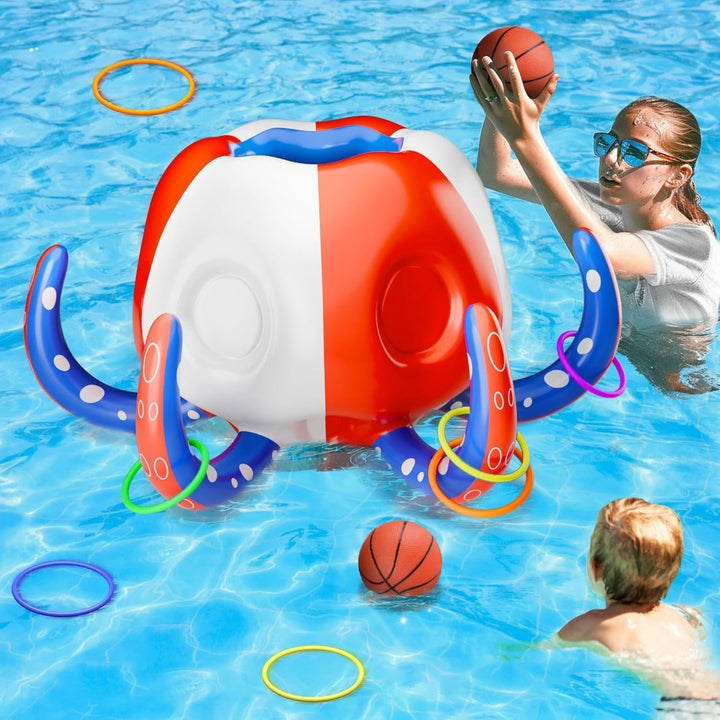 Pool Wave Kids Octopus Pool Toys, 2-In-1 Inflatable Float Water Game, Basketball Hoop Ring Toss Outdoor Swim Play, Cool Summer Family Party Gift 3 4 5 6 7 8 Year Old Boy Girl Child-Blue