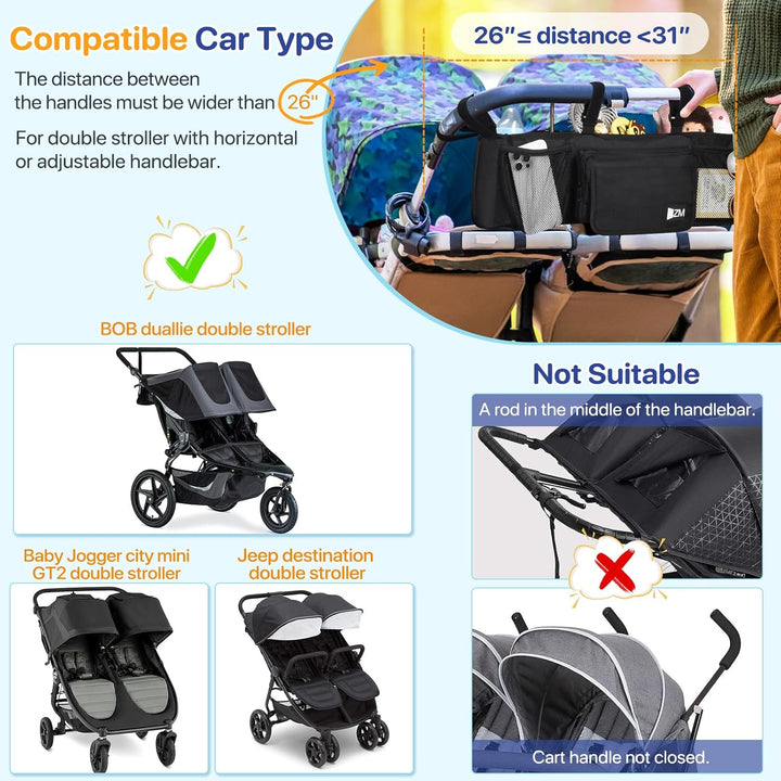Double Stroller Organizer for Bob Duallie and Baby Jogger City Mini GT2, Double Baby Stroller Accessories with 2 Cooler Pockets, Parent Console Double Jogging Stroller Organizer(Empty Bag)