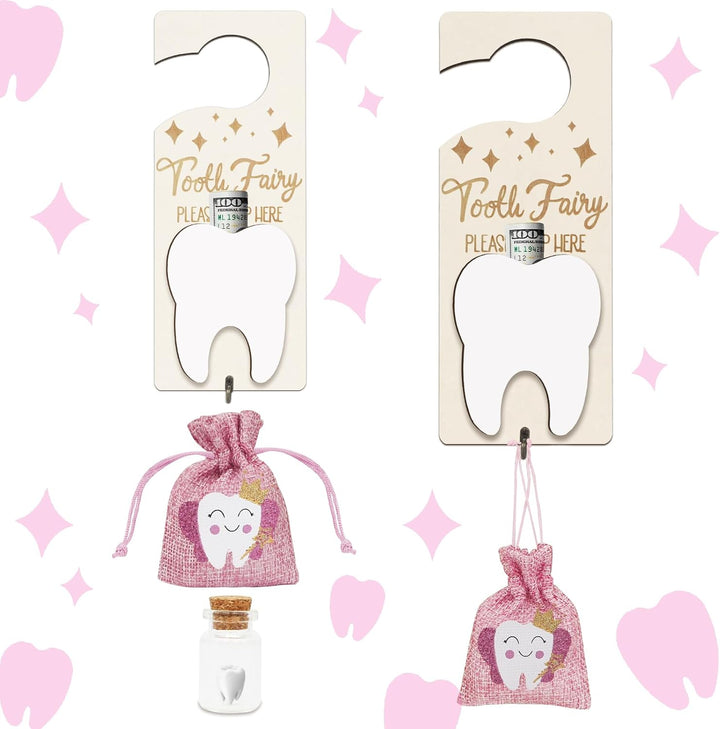 3PCS Tooth Fairy Tooth Holder, Tooth Fairy Door Hanger with Money Slot, Keepsake Bottle & Burlap Pouch for Lost Teeth, Encourage Gift for Boys Girls,Blue