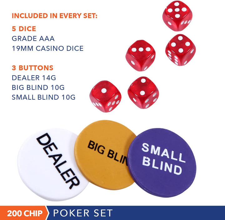 Professional Poker Set W/ Hard Case, 2 Card Decks, 5 Dice, 3 Buttons - 200 Chips