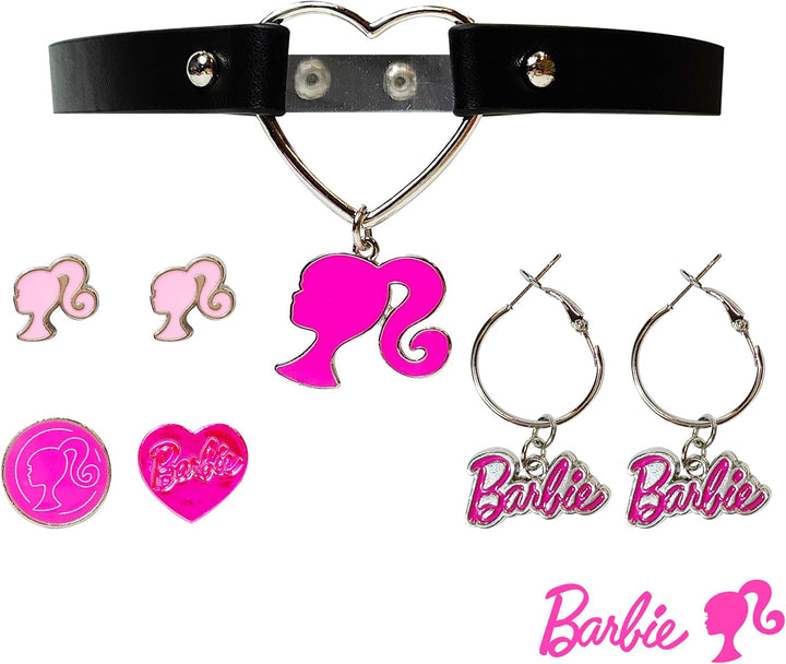 Barbie Themed 2-Piece Adjustable Ring Set, a Pair of Stud and Hoop Earrings, and a Choker for Girls - Barbie Themed Charms, Universally Fitting & Stylish Gifts - Ages 4+
