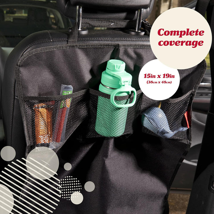 Car Seat Back Protector Cover for Kids (2 Pack) - Black, 3 Mesh Pockets - Backseat Car Organizer - Waterproof & Machine Washable - Protects against Mud, Scuffs & Spills