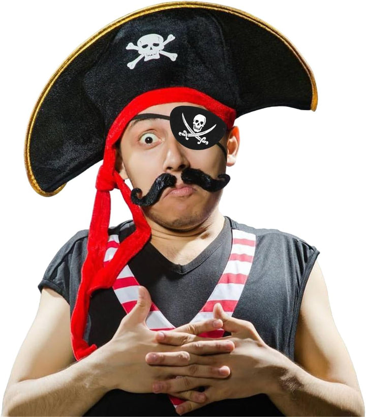 Fokes 2 Pieces Pirate Hat Skull Print Pirate Captain Costume Cap - Pirate Accessories Funny Party Hat Caribbean Fancy Dress
