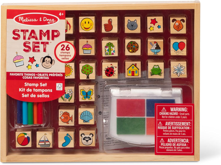 Wooden Stamp Set, Favorite Things - 26 Wooden Stamps, 4-Color Stamp Pad
