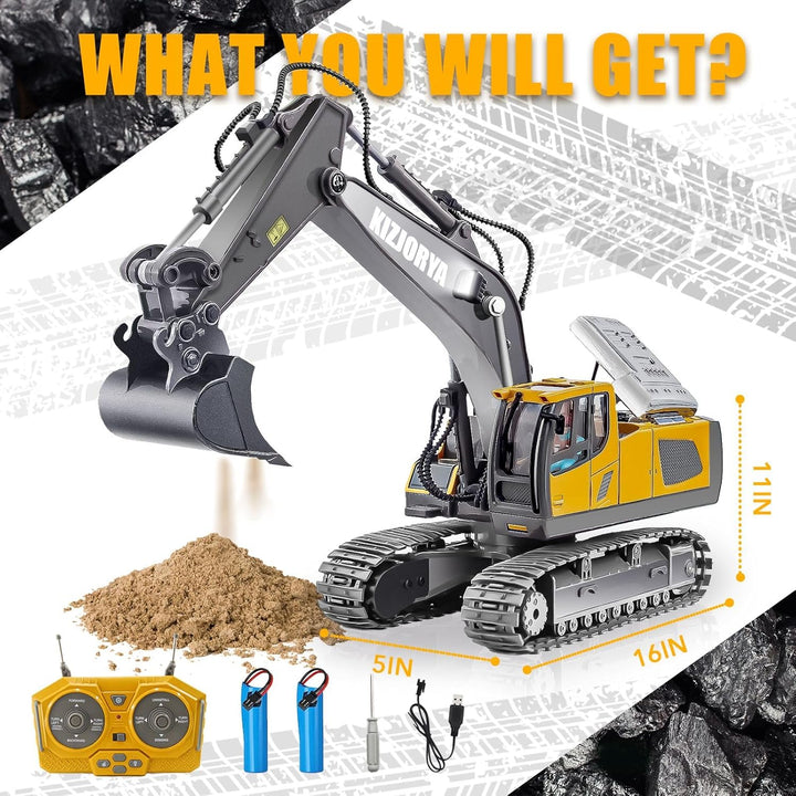 Remote Control Excavator, Toys for Boys Age 6-12, Rechargeable 11 CH RC Construction Vehicles Truck with Sound Light Metal Shovel, Birthday for Kids 7 8 9 10+ Year Old(2.4 Ghz)
