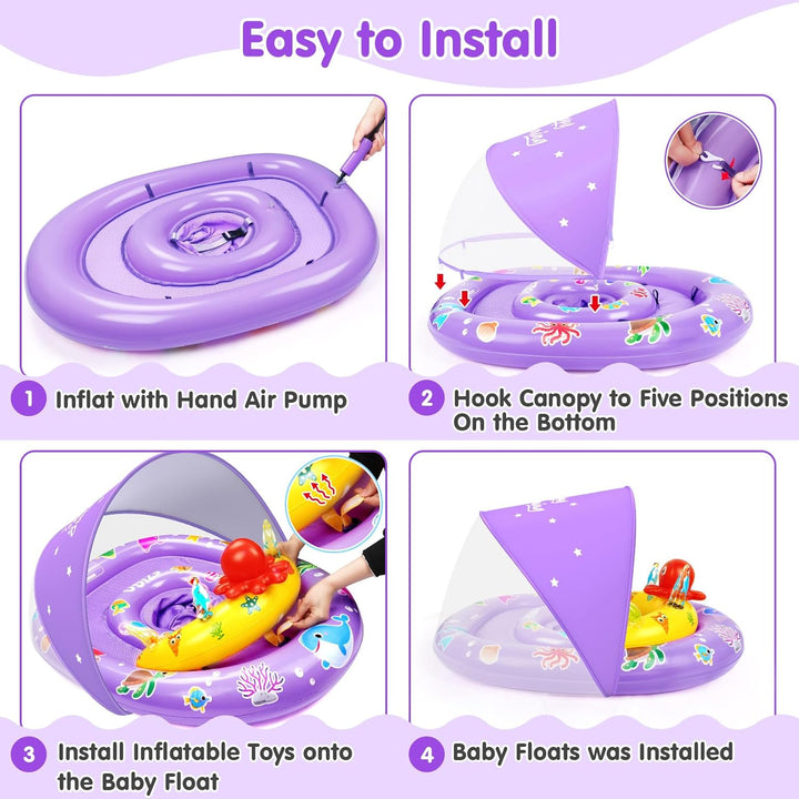 Baby Pool Float with Canopy UPF 50+ Sun Protection, Double Air Chambers Infants Swimming Floats with Sound Toys Adjustable Safety Seat Toddler Float for Boys and Girls 6-36 Months