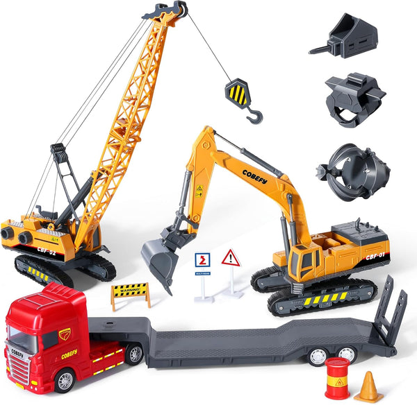 Kids Construction Toys for Boys, Playset of Excavator Toy, Crane Toy & Semi Truck Toy Tractor Lowboy Trailer, Construction Trucks for Toddler, Ideal Birthday Party Favor Gift for 3 Years Old and Up