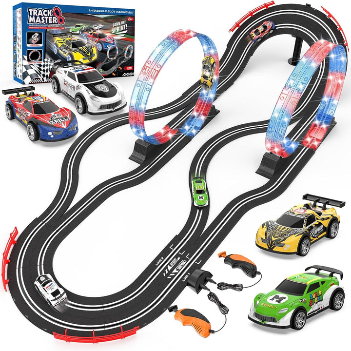 Slot Car Race Track Sets with 4 Slot Cars, Electric Race Car Track Include Slope Circular Overpass Track, Dual Racing Game Featuring Flash Bridge and Pendulum, Gifts Toys for Boys Kids Age 6 7 8-12