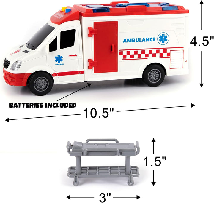 Ambulance Toy Truck for Kids 3-8, Lights & Siren, Friction-Powered 1/16 Scale Rescue Toy Ambulance, Emergency Vehicle Toys with Removable Stretcher, Doors Open for Immersive Imagination