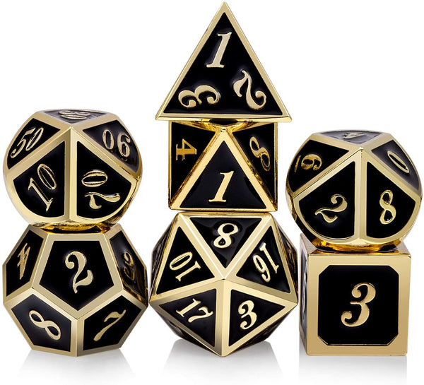 Metal Dice Set D&D, 7 Die Metallic Polyhedral Dice Set with Gift Metal Box and Gold Number for DND Dungeons and Dragons Role Playing Games (Black and Gold)