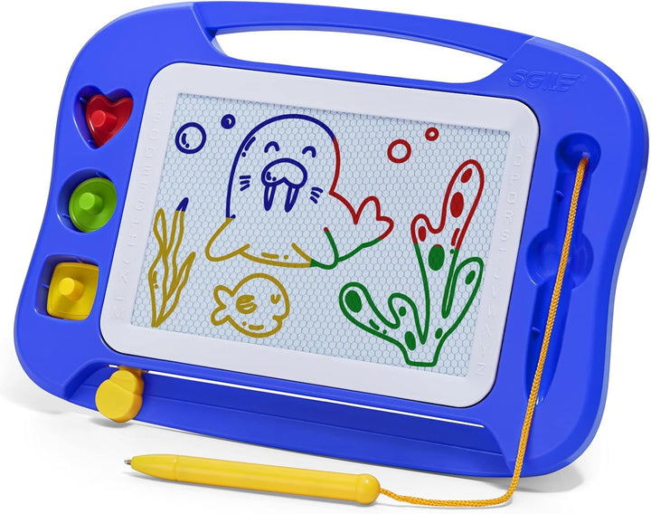 Large Magnetic Drawing Board - 4 Colors 16×13In Writing Painting Doodle Pad with 4 Stamps for Toddlers, Learning Educational Toy Etch Sketch Gift for 36+ Month Kids Girls Boys, Blue