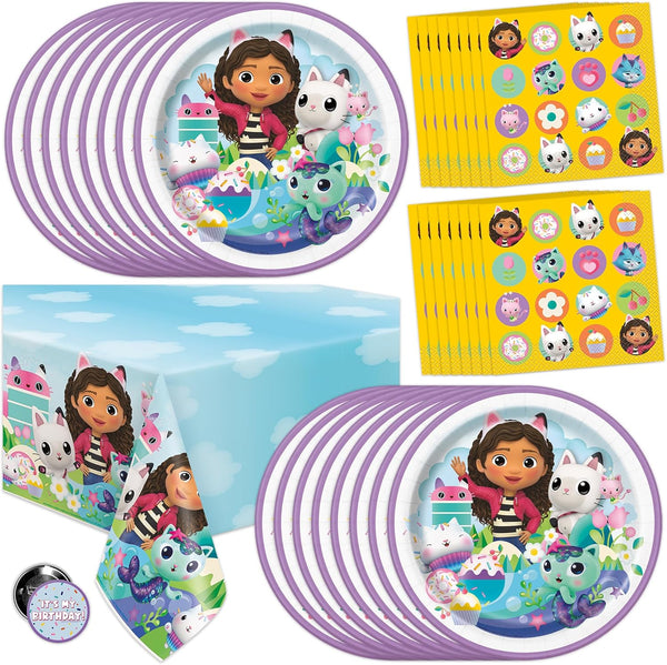 Gabby Dollhouse Party Decorations | Gabby Dollhouse Birthday Decorations | Tablecover, Plates, Napkins, Button | Serves 16 |