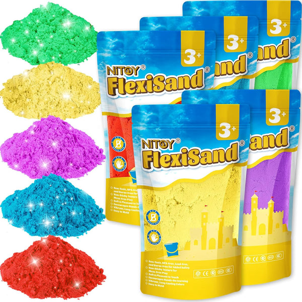 Flexisand Value Pack 11Lbs of 5 Colored Moldable Self-Sticking Sand,Never Dries Out - Fun for Kids Bulk Refill for Sensory Sand Box Toys,Ideal for Shaping,Squeezing,Scooping,Rolling and Molding