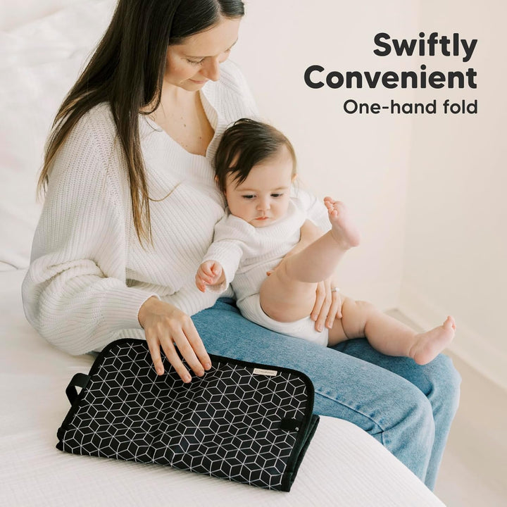Portable Diaper Changing Pad, Easy Wipe Clean - Foldable Waterproof Baby Changing Mat for Diaper Bag, Compact, Lightweight, 25X13 Baby Changer Travel Essential, Machine Washable (Black Geo)