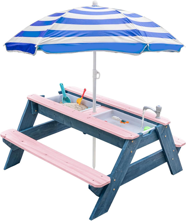 Kids 3-In-1 Sand & Water Table, Wood Outdoor Convertible Picnic Table with Umbrella, 2 Trays, Removable Top with Faucet, Picnic for Outdoor (Pink/Navy)