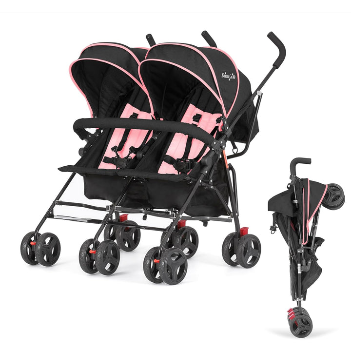 Volgo Twin Umbrella Stroller in Black, Lightweight Double Stroller for Infant & Toddler, Compact Easy Fold, Large Storage Basket, Large and Adjustable Canopy