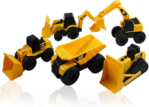 erpillar  Mini Machine Construction Truck Toy Cars Set of 5, Dump Truck, Bulldozer, Wheel Loader, Excavator and Backhoe Free-Wheeling Vehicles W/Moving Parts -Great Cake Toppers