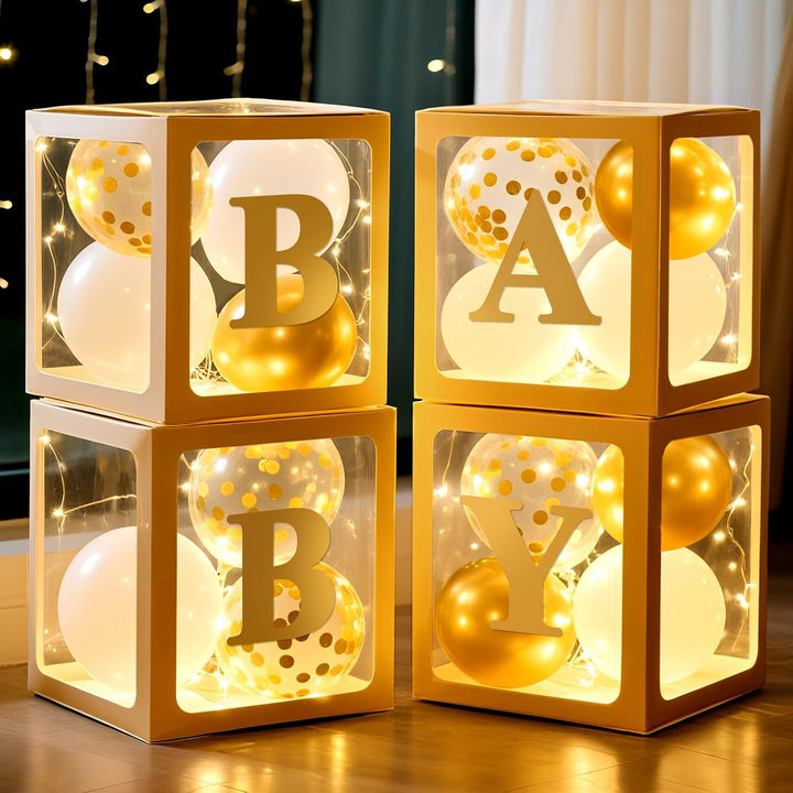 Baby Boxes with Letters for Baby Shower Decorations, 4 Pcs Clear Baby Balloon Boxes Blocks Decor with LED Fairy String Lights for Boy Girl Gender Reveal Decorations Backdrop Party (White)