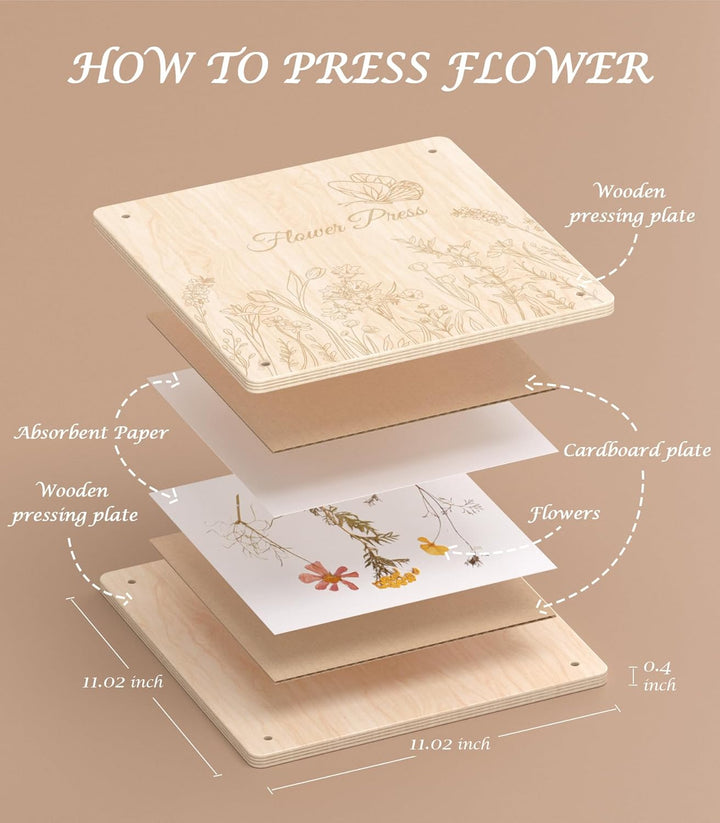 Flower Press Kit – 11" X 11" Large Wooden Flower Presser for Adults & Teens | DIY Bouquet Preservation & Dried Flower Art | Ideal Gift for Nature & Craft Lovers