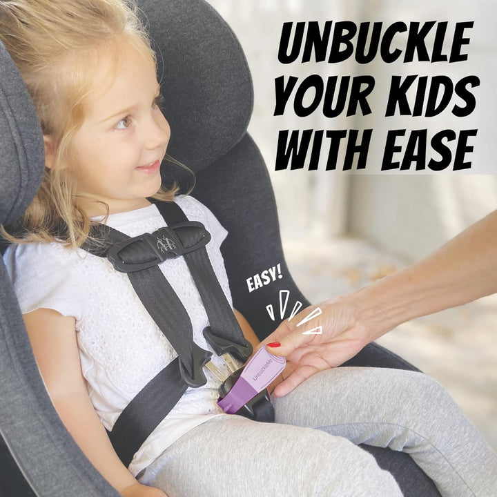 Car Seat Buckle Release Tool (As Seen on Shark Tank) - Easy Opener Aid for Arthritis, Long Nails, Older Kids - Button Pusher for Infant, Toddler Car Seats (2 Pack, Pink & Purple)