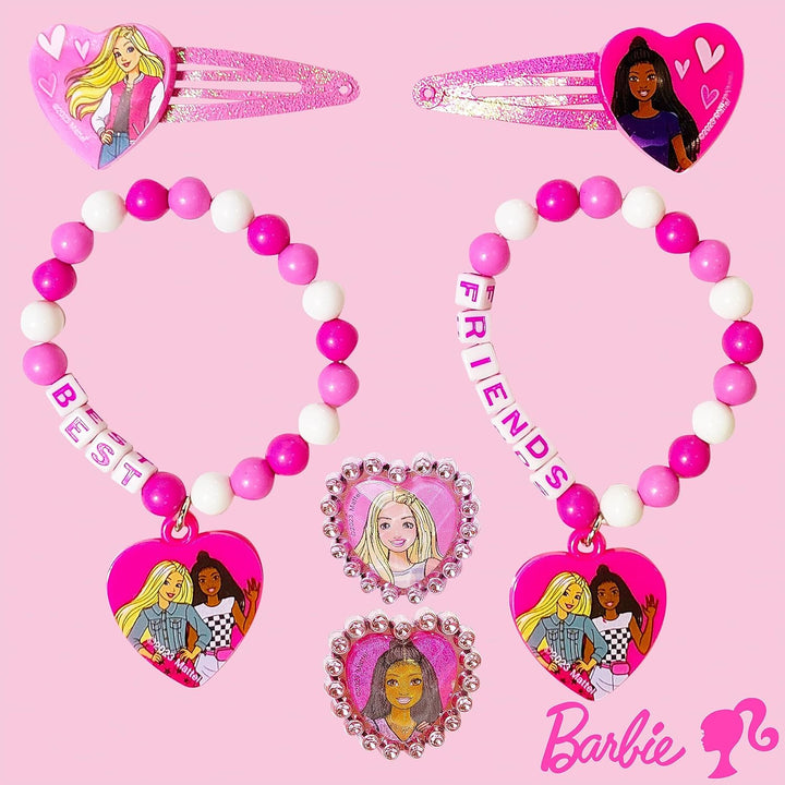 Barbie Accessories for Girls 6 Piece Toy Jewelry Box Set with 2 Rings, 2 Bead Bracelets, and Snap Hair Clips Ages 3+
