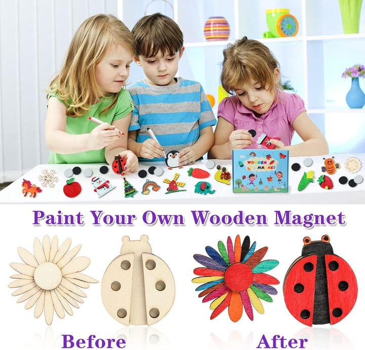 DIY Wooden Magnets, 36 Pcs Wooden Art Craft Supplies Painting Kit for Kids Party Favors for Boys Girls Ages 4-8 8-12 Birthday Easter Crafts Gifts Toys Basket Goodie Bag Stuffers