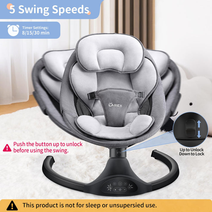 Baby Swing Infant Swing Electric Toddler Baby Rocker Portable for Newborn Boy Girl, 5 Sway Speeds with Remote Control, 10 Preset Melodies and Bluetooth, 0-6 Months Max 20 Lbs (Black)