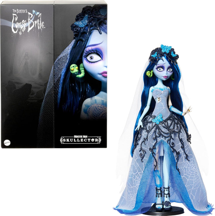 Skullector Doll, Corpse Bride Emily Collectible in Gothic Spiderweb Wedding Dress with Accessories like Gauze Veil and Doll Stand