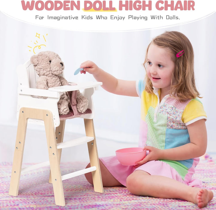Wooden Baby Doll High Chair, Pink Wooden Baby Doll Chair for 18 Inch Dolls, Pretend Play High Chair Baby Doll Accessories, Small