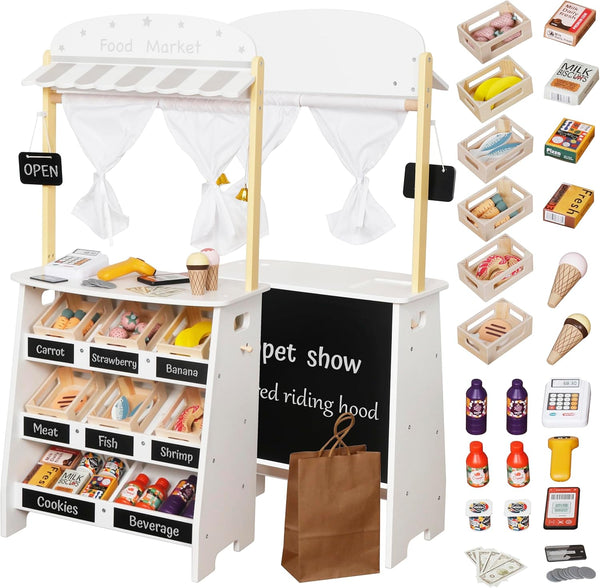 Kids Grocery Store Playset,Pretend Play Store Toy & Wooden Supermarket Shopping Cart with Toy Cash Register, Play Money&Blackboard;26Pcs Food Toys Shop for 3+ Year Old Boys Girls Toddler Baby