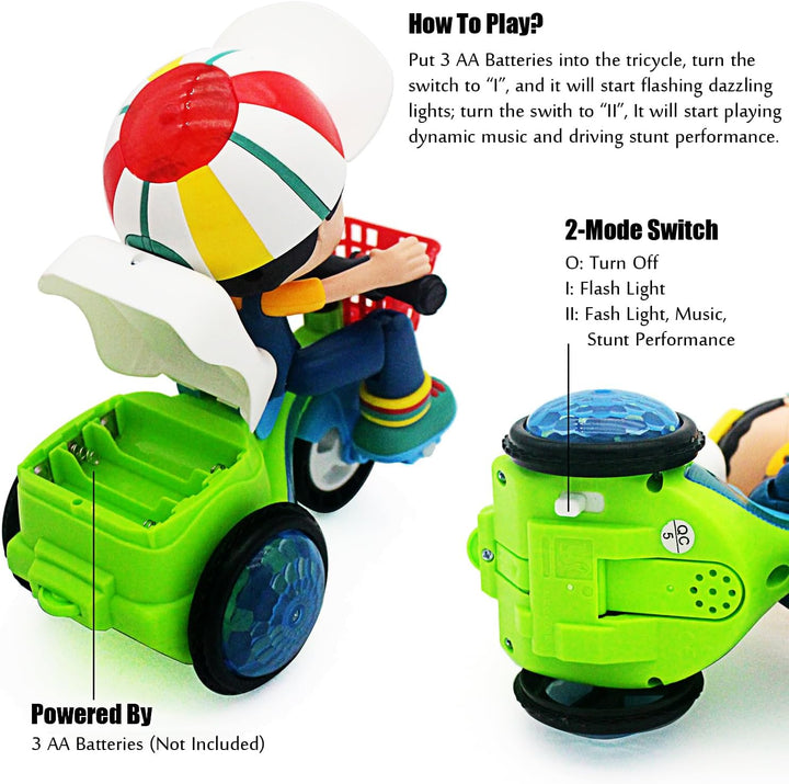 Baby Toddler Electric Tricycle Toy Cartoon Motorcycle Vehicle Stunt Performance, Music, Luminous Lights, Kids Birthday Gifts (Boy)