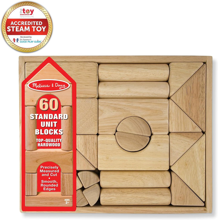 Standard Unit Solid-Wood Building Blocks with Wooden Storage Tray (60 Pcs)