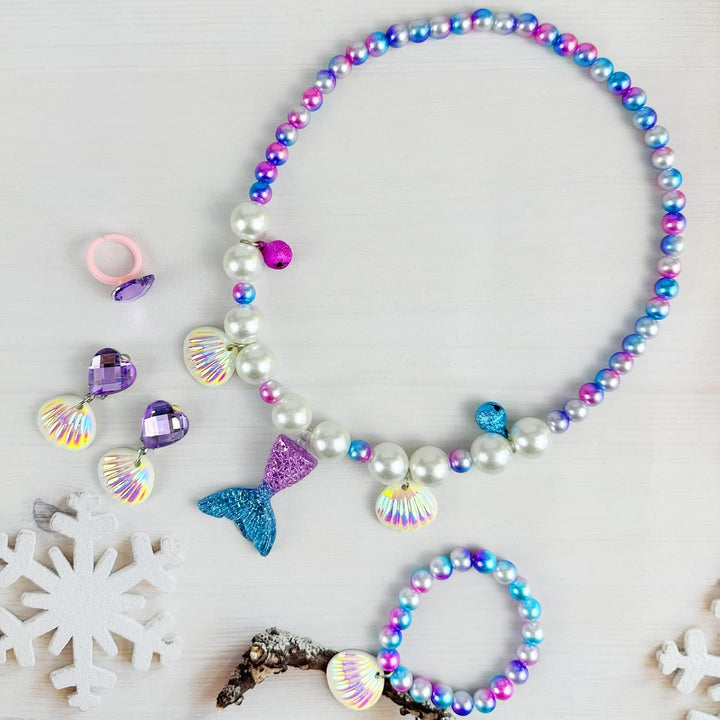 6Pcs Girls Princess Necklace Bracelets Ear Clips Set Mermaid Crown Pendant Colorful Plastic Princess Party Dress up Pretend Play Christmas Gift