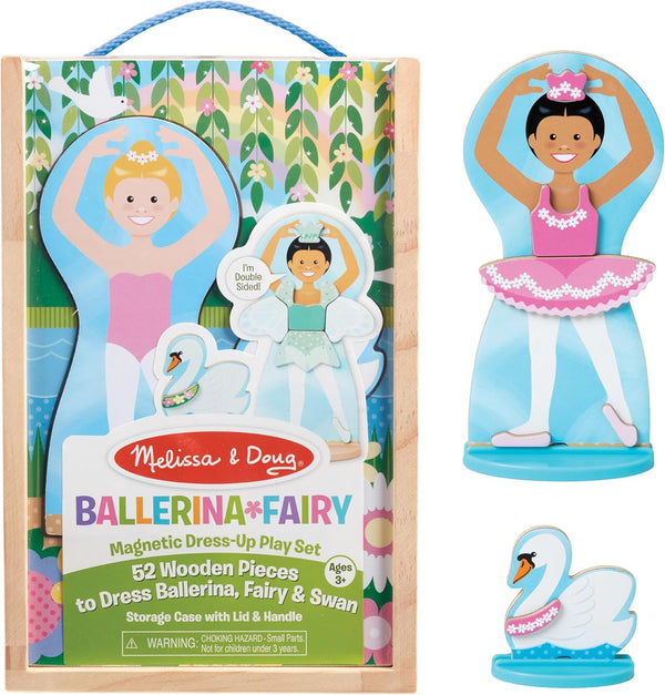 Ballerina and Fairy Magnetic Dress-Up Double-Sided Wooden Doll and Swan Pretend Play Set (52 Pcs)
