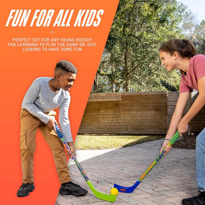 NERF Proshot Kids Hockey Sticks+Ball Set-2 Player Youth Indoor+Outdoor NERF Hockey Set-2 in 1 Knee+Floor Hockey Sticks-(2)Nerf Proshot Youth Hockey Sticks+(1)Foam Hockey Ball Included