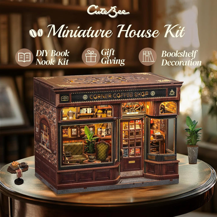 Book Nook Kit - DIY Miniature House Coffee Shop Dollhouse Kit for Adults and Teens, Booknook Tiny House Bookshelf Decor 3D Wooden Puzzle, Gifts for Family, Friends (Corner Coffee Shop)