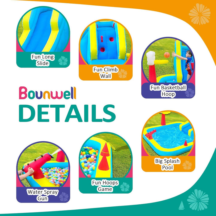 Inflatable Water Slide, Blow up Water Slide with Climbing Wall, Water Slide for Kids Backyard with Basketball Hoop, Water Cannon and Splash Pool