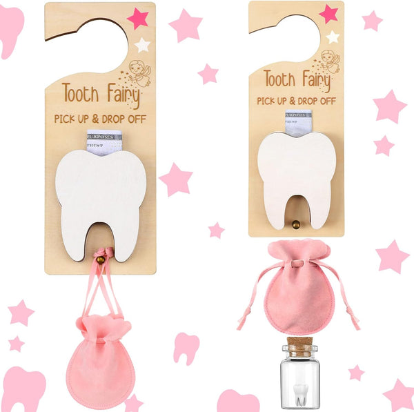Tooth Fairy Holder Bag Hanger with Money Slot Keepsake Bottle Velvet Pouch Tooth Fairy Box Encourage Gift for Lost Teeth Boy Girl Milk(Classic,Pink)