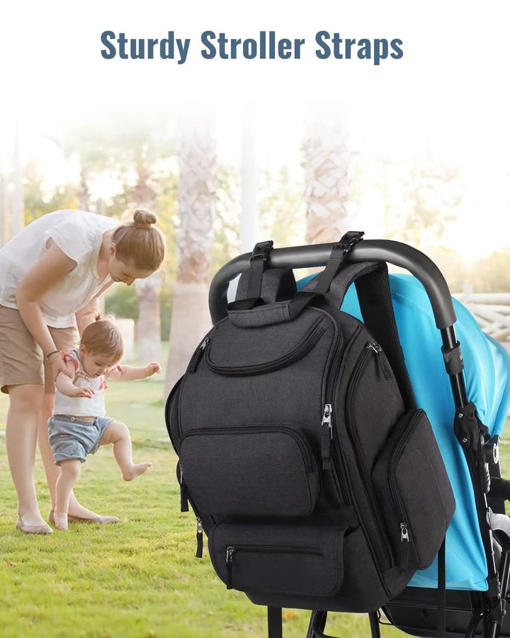 Diaper Bag Backpack, Multifunctional Dad Diaper Bag with 2 Side Insulated Pockets, Travel Water Resistant Baby Diaper Backpack for Men Women with Stroller Straps, Black